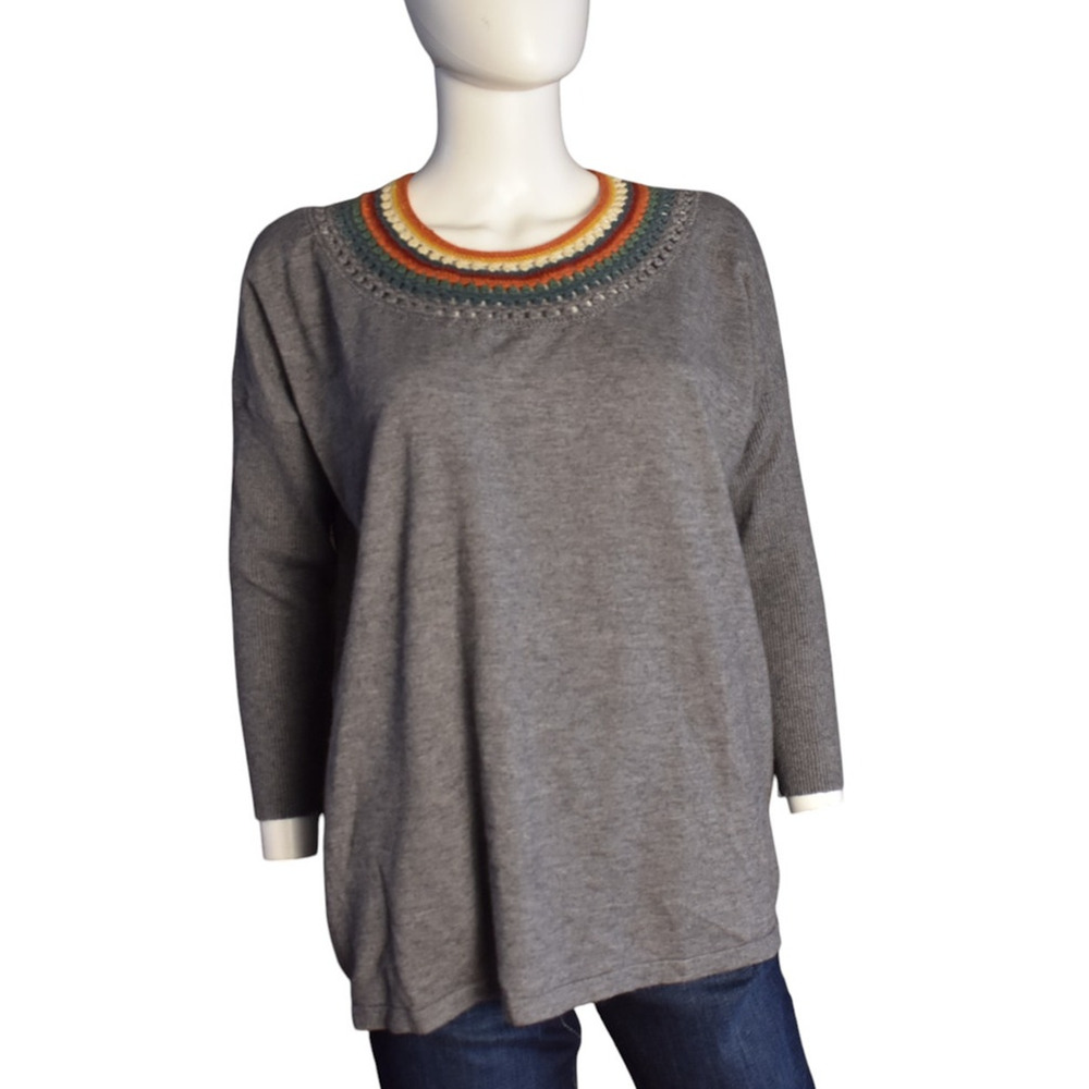 THML Gray Crochet Neckline Soft 3/4 Sleeve Lightweight Sweater Size L